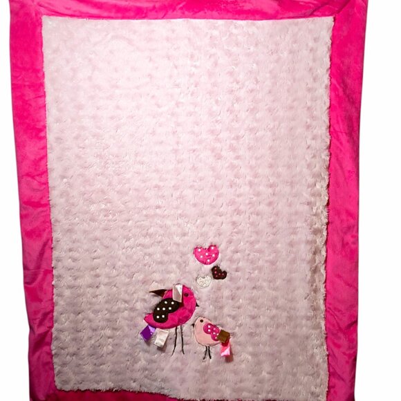 Babe Luxe Birds Hearts Ribbon Tags Swirl Pink Security Lovey Blanket 40" X 30" - Picture 2 of 5